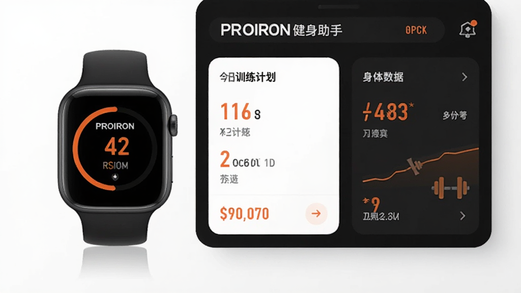 PROIRON健身助手应用主界面预览图,展示智能手表连接状态、今日训练计划卡片和身体数据概览,界面采用深色与活力橙色主题,卡片布局清晰,科技感与运动感结合,高画质,干净无多余元素