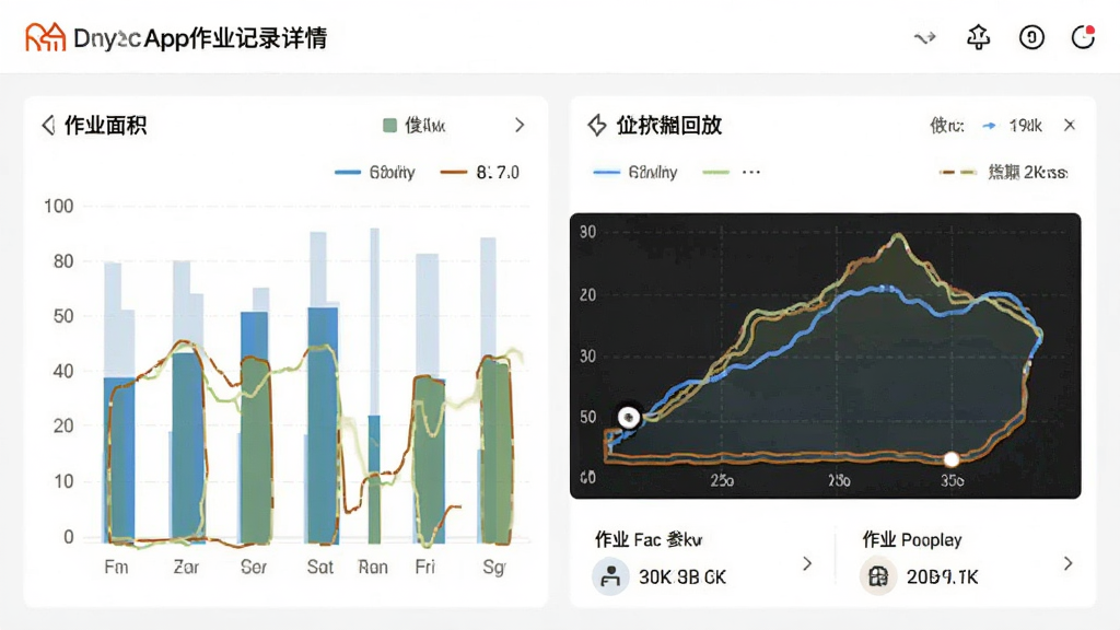 ����ũ��App��ҵ��¼������棬��ʾͳ�����ݺ͹켣�طţ�����Ϊ��ҵ����͹켣ͼ�������ּ�࣬�Ű�ֱ�ۣ�������ݿ��ӻ���ϸ�ڰ�����״ͼ���켣�ߡ���ҵ���������ʸ��壬�ɾ����޶���Ԫ��