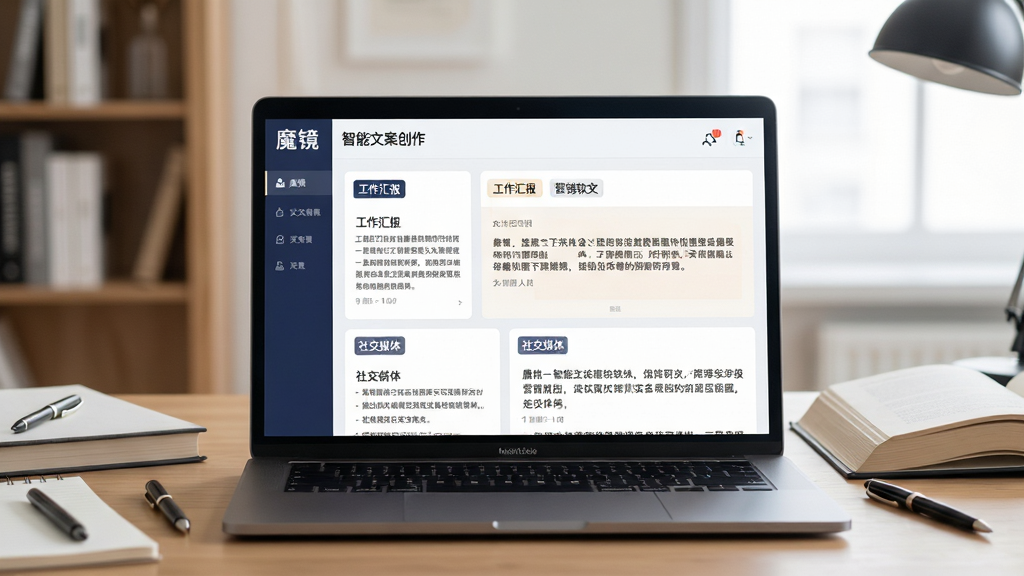 主体:桌面上的笔记本电脑和一本书,屏幕显示魔镜的“智能文案创作”功能界面。布局:笔记本屏幕正对镜头,界面展示多个文案创作模板和生成结果,旁边散落着纸笔。排版:视觉焦点在笔记本屏幕上的“魔镜”品牌标识和创作示例。风格:专业、商务、略带书卷气。细节:界面中显示“工作汇报”、“营销软文”、“社交媒体”等标签,以及一段优美的生成文字。画质:4K高清,画面干净明亮,无多余元素。