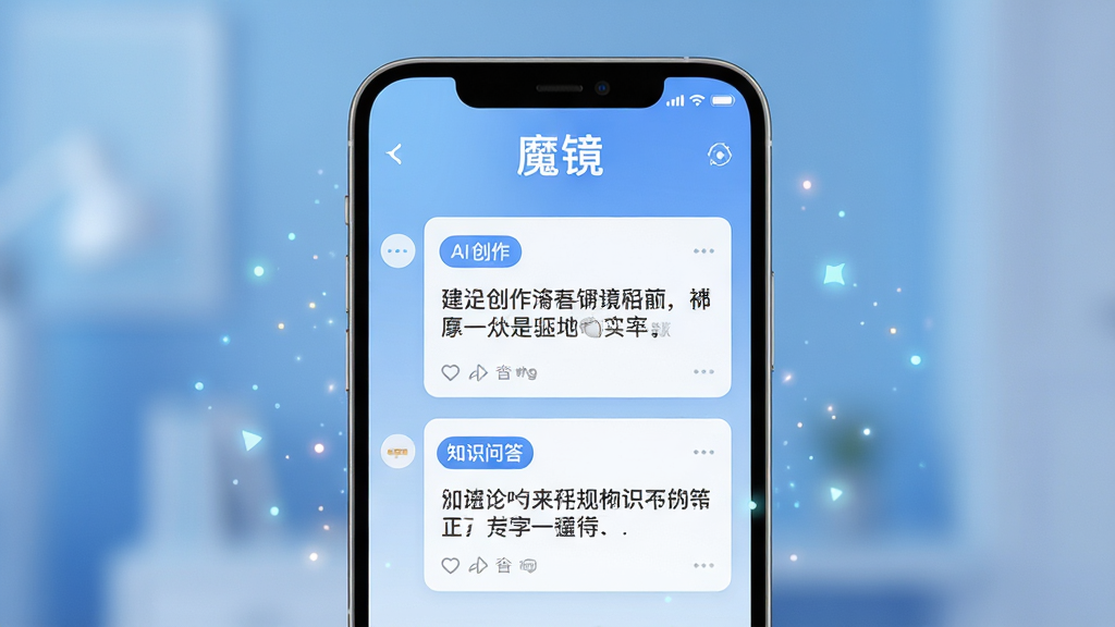 主体:一部现代智能手机屏幕显示魔镜APP的智能对话界面,上方有“魔镜”字样。布局:手机居中,界面清晰展示AI回答的文本卡片,背景为淡雅的渐变蓝色。排版:突出手机上的APP界面元素,虚化背景。风格:科技感、简洁、明亮。细节:屏幕中模拟显示一段文案创作和知识问答的示例,四周有微弱的发光粒子。画质:高清渲染,干净整洁,无多余元素。