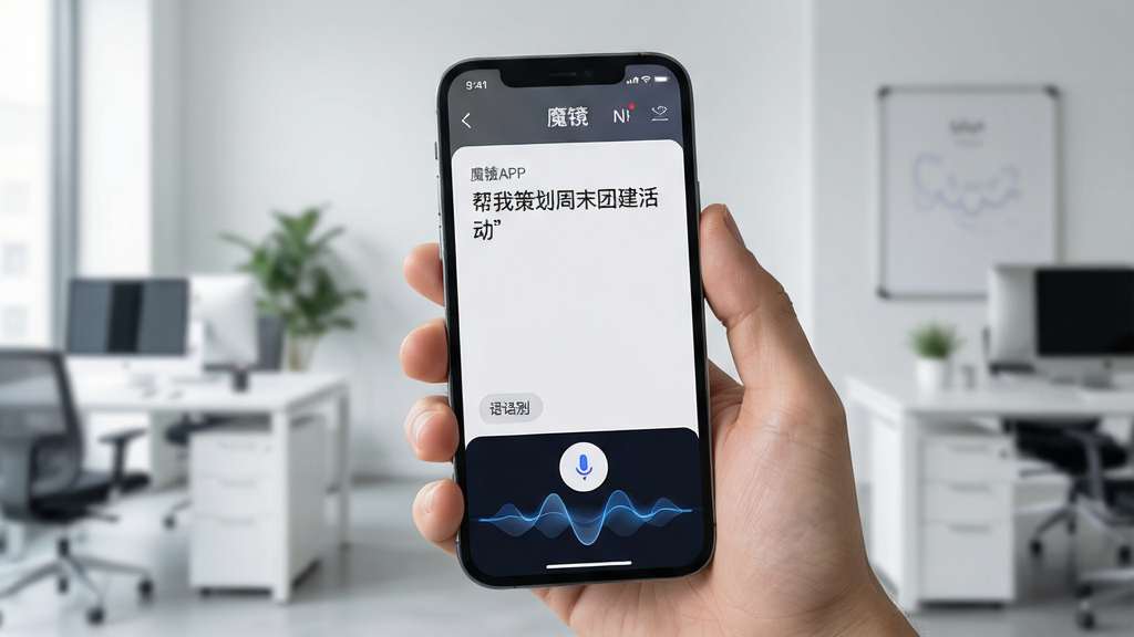 主体:一只手拿着智能手机,屏幕显示魔镜APP的语音输入界面,界面底部有波纹动画。布局:手机特写,背景为简洁的现代办公室场景。排版:画面聚焦于手机屏幕上的“魔镜”界面和语音按钮。风格:科技、直观、生活化。细节:手机屏幕上显示一句“帮我策划周末团建活动”,并识别出文字。画质:高清水准,画面稳定清晰,无多余元素。