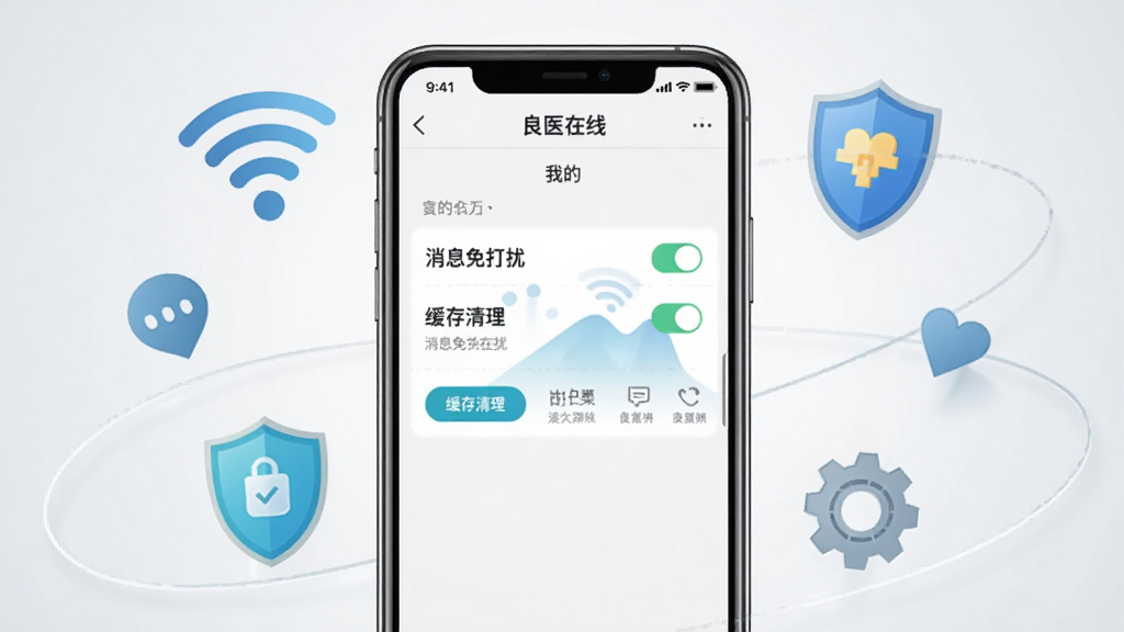 画面主体为手机应用“良医在线”的“我的”设置页面,页面显示消息免打扰开关、缓存清理按钮等选项。手机周围环绕着WiFi信号图标、盾牌安全标识与齿轮图标。背景为浅灰色渐变,构图居中,风格简洁明快,细节要求图标清晰,屏幕中出现“良医在线”字样,画质干净,无多余元素。