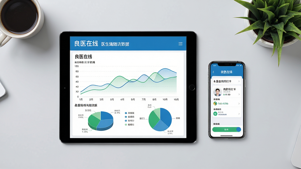 画面主体为平板电脑与手机并排放置的俯视图,平板屏幕上显示“良医在线”医生端随访数据图表,包含折线图与饼图,手机屏幕显示患者端用药打卡界面。背景为浅灰色桌面,摆放有咖啡杯与绿色植物,风格极简商务,布局平衡,色彩以蓝、绿为主,细节要求图表线条清晰,屏幕内出现“良医在线”名称,画质锐利干净,无多余元素。