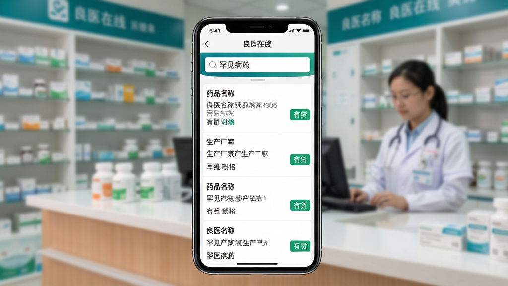 画面主体为手机App“良医在线”的药品搜索结果页面,页面以白色为底,列表清晰展示药品名称、生产厂家、规格及“有货”绿色标识。屏幕上方有搜索框并输入“罕见病药”,背景虚化处理,可见模糊的医院药房柜台与药剂师。构图采用平视角度,手机居中,左右留白,风格写实干净,细节需体现屏幕内“良医在线”字样与药品信息,画质高清,无多余杂物。