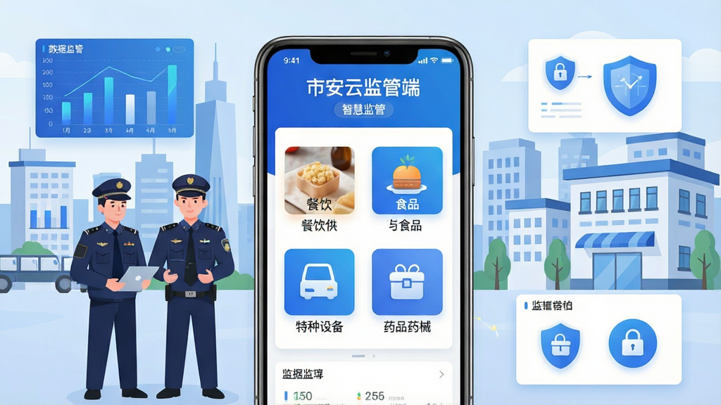 ���壺�а��Ƽ�ܶ�APP���ֻ���Ļ��չʾ������������ʾ������ʳƷ�������豸��ҩƷҩе�ĸ���ҵͼ�꣬����Ϊ�����г���ܳ�������ִ����Ա����ҵ���������֣��ֻ����У��ܱ߻�������ͼ���ͼ��Ԫ�أ��Ű����ࡣ����ִ���ƽ��������Ƽ��У�ɫ������ɫ�Ͱ�ɫΪ����ϸ�ڣ���Ļ�ϵ�Ӧ�����ơ��а��Ƽ�ܶˡ������ɼ������С��ǻۼ�ܡ����������ʣ����塢�ɾ����޶���Ԫ�ء�