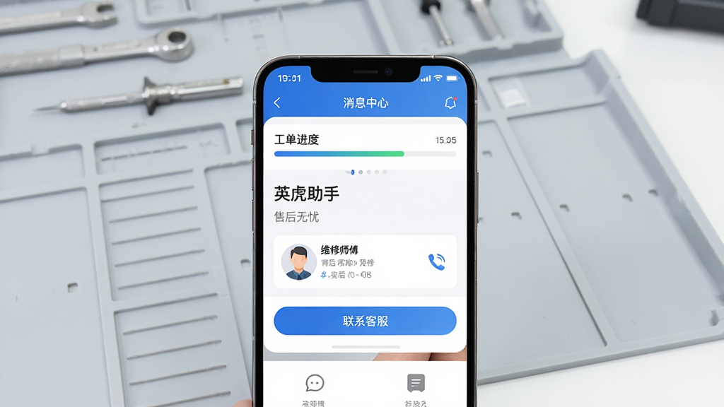 主体:手机横屏显示英虎助手“消息中心”界面,上方有“工单进度”进度条,下方有“联系客服”按钮。布局:单手机居中展示,背景为简洁的浅灰色工作台。排版:界面UI线条流畅,状态栏时间清晰。风格:现代简约风格。细节:屏幕上显示“英虎助手”的欢迎语和“售后无忧”字样,以及具体的维修师傅头像与电话图标。画质:高清,干净,无多余元素。