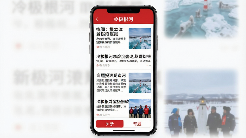 主体:冷极根河APP新闻资讯界面;布局:手机屏幕居中,展示新闻列表与专题报道;排版:标题醒目,配图与文字交错排列;风格:专业新闻媒体风格,红白配色;细节:屏幕上方显示“冷极根河”栏目名称,下方有“头条”与“专题”标签;画质:超清画质,简洁无杂物