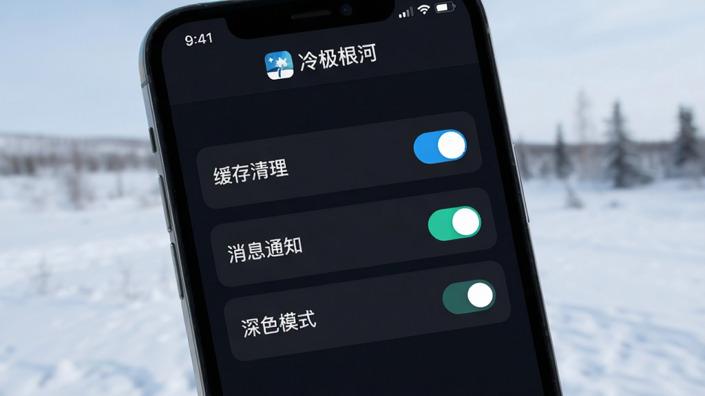 主体:手机端“冷极根河”应用设置界面;布局:屏幕中央显示设置选项列表;排版:清晰明了,开关按钮可见;风格:简洁科技感,深色模式预览;细节:包含“缓存清理”、“消息通知”、“深色模式”等选项,屏幕上方有“冷极根河”标识;画质:细腻,无多余元素