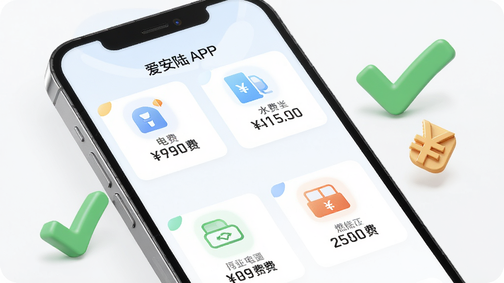 һ��չʾ����½APP����ɷѹ��ܵĽ���ͼ�����������ֻ���Ļ��д����ʾ��ѡ�ˮ�ѡ�ȼ���ѵȶ���ɷ���ڣ�ÿ������ж�Ӧͼ��ͽ�����Ϊ�ɾ��Ĵ�ɫ���ֻ�������ɫ�Թ�������ҷ��ŵ�����СԪ�أ��������������£�����ϸ�壬�޶���Ԫ�ء�