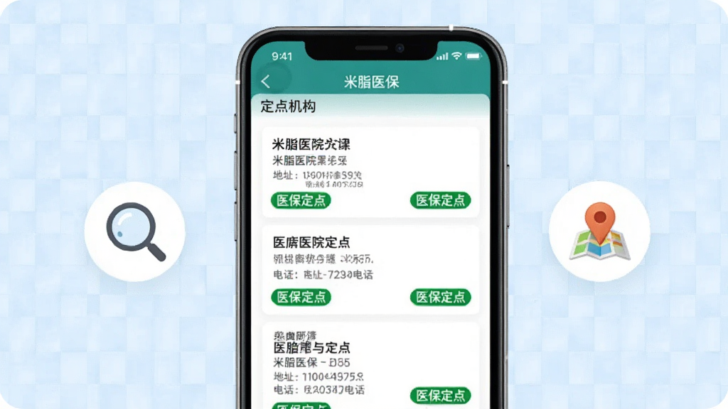 ͼƬ����Ϊ�ֻ�Ӧ�á���֬ҽ�����ġ�����������б�ҳ�棬ҳ���������Ŷ��ҽԺ��ҩ��Ŀ�Ƭ��ÿ�ſ�Ƭ��ʾ�������ơ���ַ���绰�͡�ҽ�����㡱��ɫ��ǩ���ֻ���ม��һö�Ŵ�ͼ�꣬�Ҳม����ͼ��λͼ�꣬����Ϊ����ɫ�������������岼�������������ʵ�ã����ʸɾ����޶���Ԫ�ء�