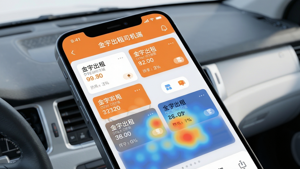 画面主体为智能手机屏幕放大展示“金宇出租司机端”的派单界面,屏幕上有多个订单卡片与热力图分布,颜色以橙蓝对比突出热点区域。布局上手机屏幕占据画面三分之二,背景为简洁的驾驶台面。排版清晰,订单信息条理分明。风格为扁平化UI界面展示结合3D渲染效果,色彩鲜明,细节精致,画质干净明亮,无多余元素。