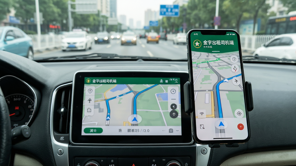 画面主体为出租车中控台,手机支架上的“金宇出租司机端”app正开启导航模式,屏幕显示道路地图与路线箭头,前方挡风玻璃外是城市道路景色。布局上以中控台为前景,导航屏幕清晰可见,背景道路延伸。排版上突出导航指引与驾驶视角。风格为写实拍摄风格,光线自然,细节清晰,画质高清,无多余元素。