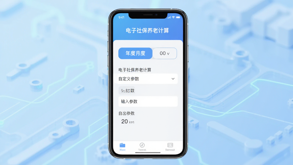 电子社保养老计算软件主界面预览图,展示年度月度切换按钮与自定义参数输入框,背景为淡蓝色科技感渐变,手机居中构图,界面简洁清晰,标注“电子社保养老计算”字样,风格现代扁平化,细节丰富,画质干净无多余元素