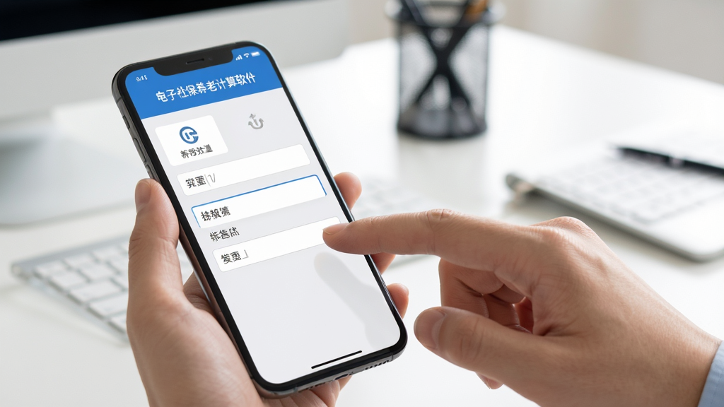 电子社保养老计算软件在手机上运行的使用场景图,手指点击屏幕上的参数输入框,背景为办公桌面,手机屏幕清晰显示软件界面,整体光线明亮,构图自然,画质干净无多余元素