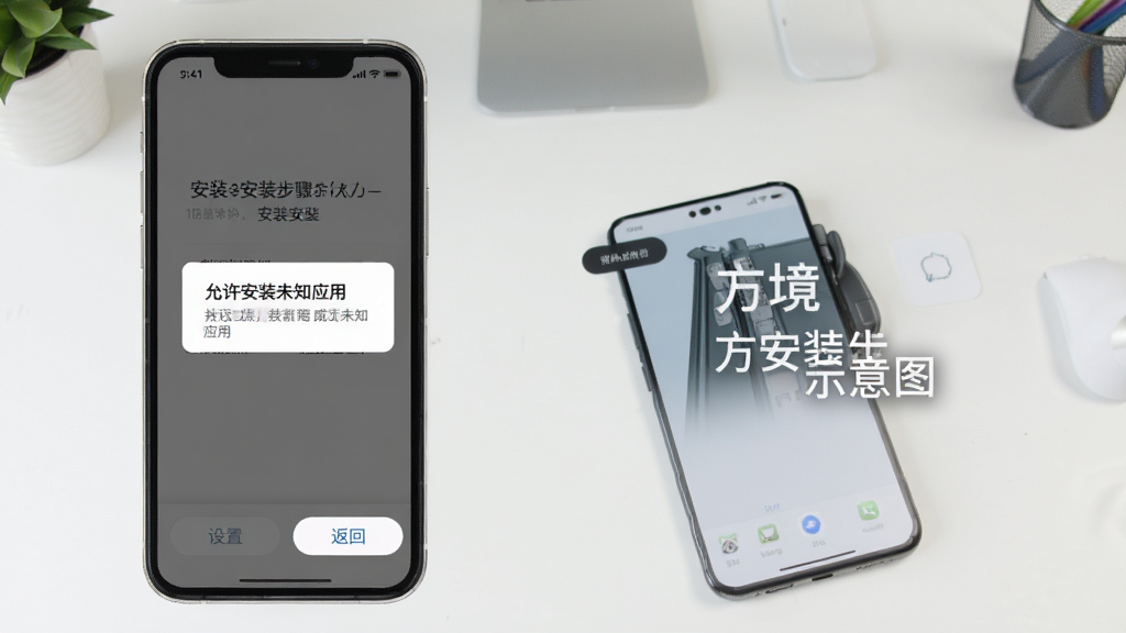 方境安装步骤示意图,手机屏幕显示安装界面,有“允许安装未知应用”的弹窗,下方有“设置”和“返回”按钮,背景为简洁的桌面,画质干净清晰,引导文字明显