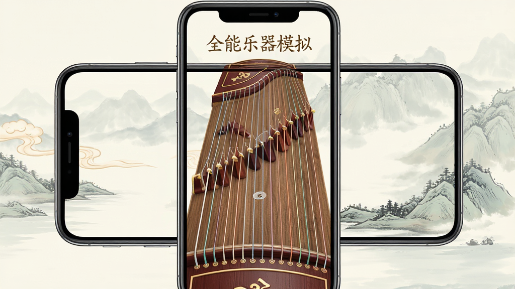 全能乐器模拟软件主界面预览图,一款运行在智能手机上的古筝模拟应用,屏幕中显示精美的古筝琴弦界面,带有“全能乐器模拟”字样,背景为淡雅的山水国风,布局简洁清晰,画质细腻,干净无多余元素