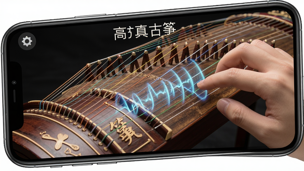 全能乐器模拟古筝弹奏界面特写,手机屏幕显示古筝琴弦特写,手指正在滑动琴弦,音波可视化特效,界面带有“高仿真古筝”字样,画面明亮,细节丰富,画质干净