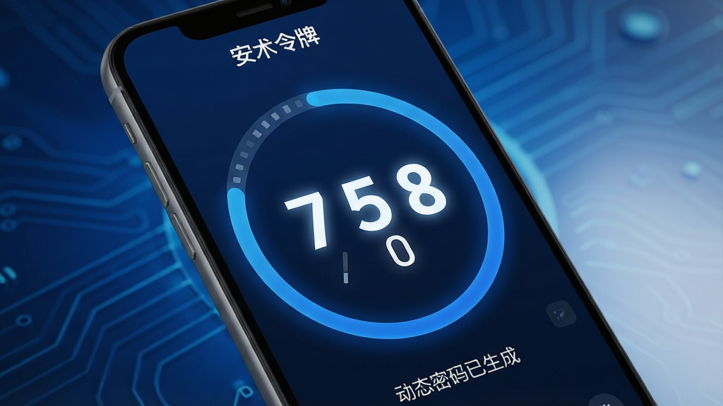 主体:安术令牌应用界面展示,手机屏幕清晰显示动态六位数密码及倒计时圆环。布局:中心构图,手机略微倾斜,背景为渐变的深蓝色科技感光效。排版:界面元素排列有序,密码数字特大加粗,倒计时指示器围绕密码。风格:写实3D渲染,光影细腻。细节:密码数字为白色发光字体,倒计时圆环呈蓝色,界面顶部显示“安术令牌”中文名称,底部有“动态密码已生成”字样。画质:超高清8K,干净无多余元素。