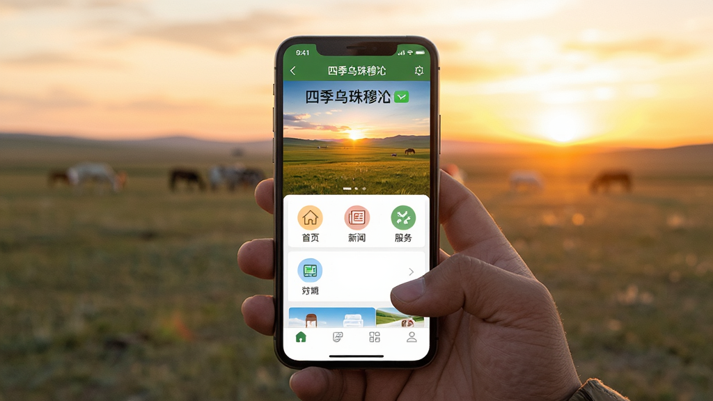 主体:用户手持手机使用“四季乌珠穆沁”APP的场景,手机屏幕显示草原风景和功能菜单。布局:手部位于画面中央偏下,手机屏幕朝上,背景为草原日落景色,暖色调。排版:手机屏幕内容清晰可见,有“首页”“新闻”“服务”等图标,背景光线柔和。风格:写实摄影风格,光线自然,色彩温暖。细节:手机屏幕无反光,手指自然握持,画面干净无多余元素。画质:高清,干净,无多余元素。