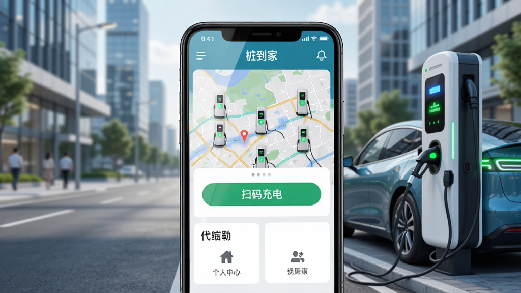 画面主体为一部智能手机屏幕展示“桩到家”APP主界面,界面内有充电桩地图分布、扫码充电按钮、个人中心等模块,背景为现代城市街道与一辆正在充电的新能源汽车,整体布局清晰,排版采用上下结构,风格写实明亮,细节包括手机屏幕反射光泽、充电桩指示灯,画质高清干净,无多余元素