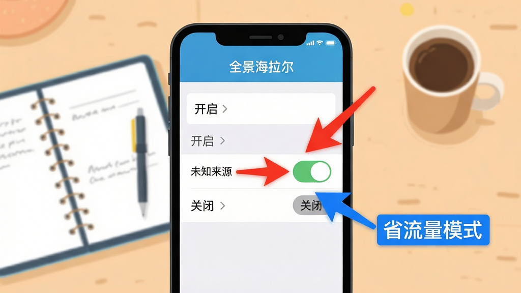 画面主体为手机操作教程示意图,手机屏幕内显示“全景海拉尔”的设置界面,红色箭头指向“未知来源”开关,蓝色箭头指向“省流量模式”。背景为简洁的工作台,放置笔记本和咖啡杯。布局清晰,排版有步骤感,风格为扁平化插画,色彩明快,细节包括箭头和文字标注“开启”“关闭”,画质干净,无多余元素。