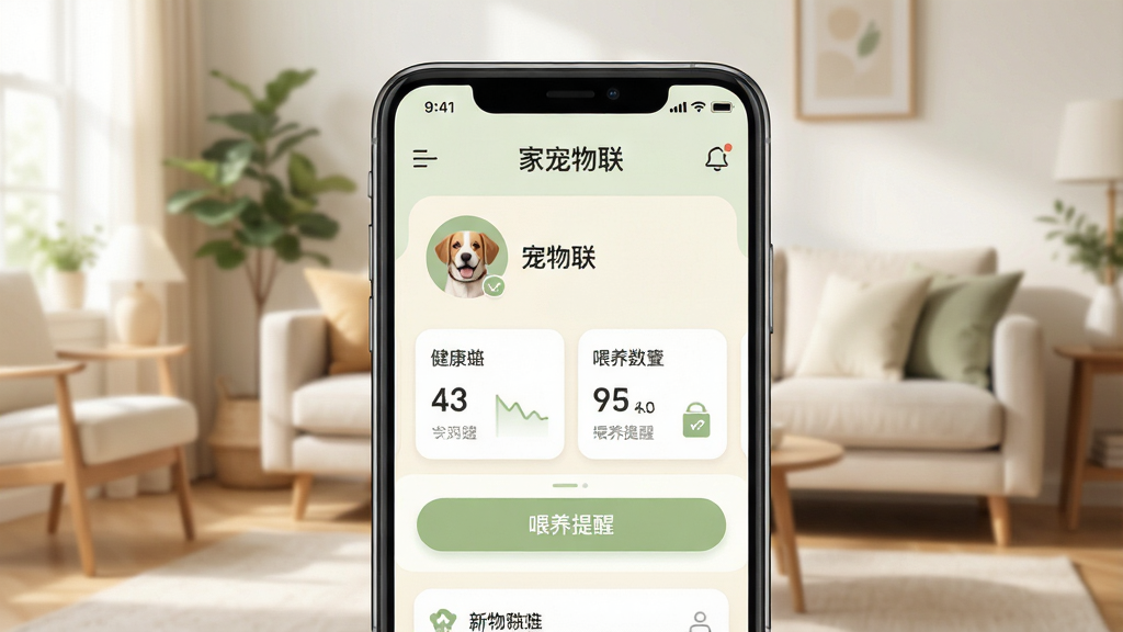 一张展示家宠物联App在智能手机上运行的界面预览图,背景为温馨明亮的客厅,画面中央是高清手机屏幕特写,屏幕中清晰显示“家宠物联”主界面,布局为简约现代风格,包含宠物头像、健康数据卡片、喂养提醒按钮,整体色调柔和以米白和淡绿色为主,UI设计干净利落,文字标签清晰,画质细腻,干净无多余元素