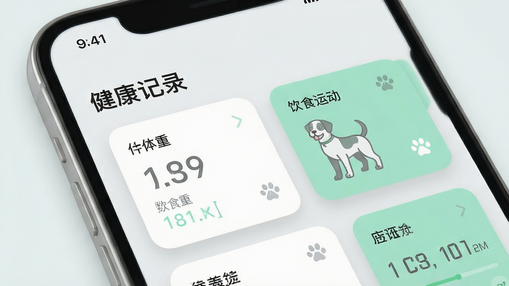 家宠物联App界面设计特写,屏幕展示“健康记录”页面,以卡片式布局呈现体重、饮食、运动数据,色彩搭配为浅灰与薄荷绿,圆角卡片阴影柔和,顶部状态栏简洁,整体风格简约高级,排版清晰,画质干净清晰,无多余元素