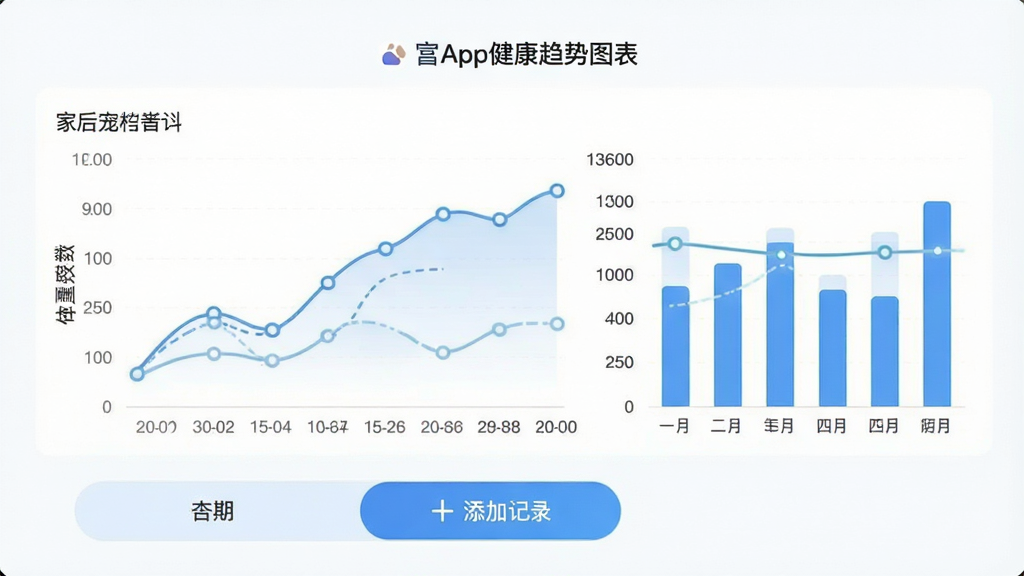 家宠物联App健康趋势图表页面,屏幕中显示折线图与柱状图,横轴为日期,纵轴为体重数值,图表线条平滑,数据点清晰,下方有“添加记录”按钮,背景为浅白色,整体风格专业且简洁,画质干净,无多余元素