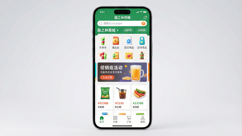 主体:一部亮屏的智能手机,屏幕上清晰显示“森之林商城”APP主界面,界面顶部为搜索栏,下方整齐排列着各类商品分类图标,如饮料、食品、日用品等,中部有醒目的促销活动横幅。布局:手机居中,屏幕朝向观察者,背景为干净的浅灰渐变,营造商务科技感。排版:手机屏幕占比约70%,界面元素刻画细致,文字可辨。风格:写实3D渲染风格,光影柔和,色彩明快通透,突出软件的现代化与便捷性。细节:屏幕中展示商品缩略图、价格标签及“立即订货”按钮,底部导航栏有“首页、分类、订单、我的”四个图标。画质:8K超高清,干净,无多余元素。