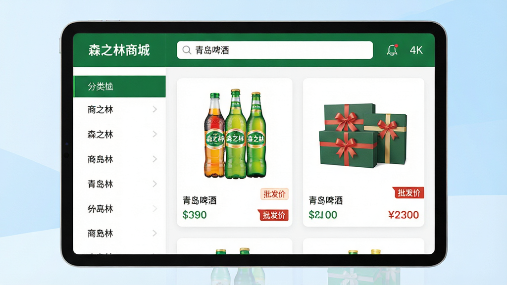 主体:森之林商城APP的商品分类页面,左侧为垂直分类栏,右侧展示带图片和价格标签的商品列表。布局:平板电脑横屏展示,背景为淡蓝色商务渐变。排版:界面布局清晰,分类列表与商品卡片对齐工整。风格:扁平化UI设计,配色以森之林VI绿色为主,白色为辅。细节:商品图包含瓶装饮料与礼盒包装,价格处标有“批发价”字样,顶部搜索框内输入“青岛啤酒”。画质:4K高清,干净,无多余元素。