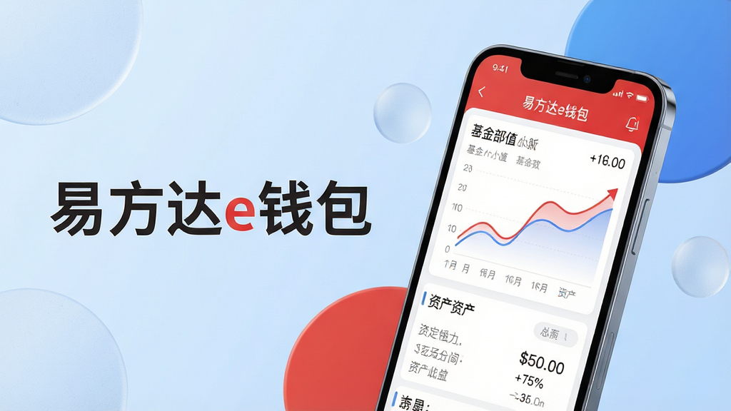 主体:一部亮着屏幕的智能手机,屏幕上清晰展示“易方达e钱包”APP主界面,界面设计简洁现代,显示基金净值曲线和资产总览。布局:手机位于画面中央偏右,左侧留有空间给产品名称大字“易方达e钱包”,背景为柔和的浅蓝色渐变,搭配磨砂质感圆形色块。排版:文字信息与手机呈对角线构图,突出品牌与科技感。风格:扁平化UI设计结合3D渲染元素,商业科技风格,明亮通透。细节:屏幕内图表线条流畅,数据上扬,色彩以易方达品牌红色与蓝色点缀。画质:4K高清,干净无多余元素