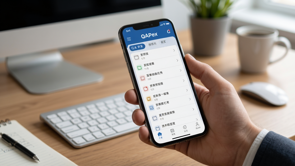 QAPex移动端使用场景图,主体为手机握持画面,屏幕显示QAPex任务列表界面,背景为办公桌面,布局自然,风格写实,光线柔和,细节丰富,画质高,无多余元素