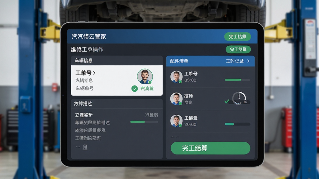 画面主体为汽修云管家的维修工单操作界面,背景为举升机上的汽车底部维修场景。布局采用平板电脑横屏显示工单列表,左侧是车辆信息与故障描述,右侧是配件清单与工时记录。风格为写实与UI扁平结合,主色调为深灰与蓝色,按钮为绿色“完工结算”。细节突出工单号、技师头像、倒计时进度条。画质清晰,干净无多余元素。
