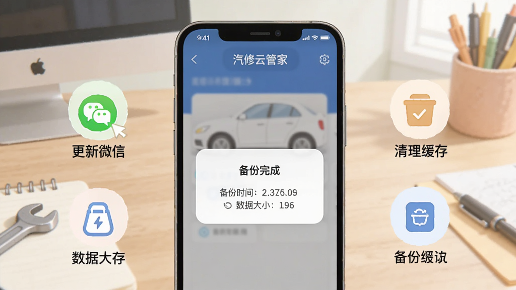 画面主体为一部手机展示汽修云管家使用指南,屏幕中显示“备份完成”弹窗,背景为办公桌。布局为手机居中,周围放置小型图标提示“更新微信”“清理缓存”。风格为插画风,柔和色调。细节包括备份时间、数据大小。画质干净,无多余元素。