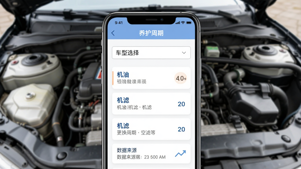 画面主体为汽修云管家养护数据查询界面,背景为发动机舱特写。布局为手机竖屏显示“养护周期”页面,列出机油、机滤、空滤等更换周期。风格为简洁知识卡片风格,白色背景配蓝色文字。细节包括车型选择下拉框、数据来源标识。画质干净,无多余元素。