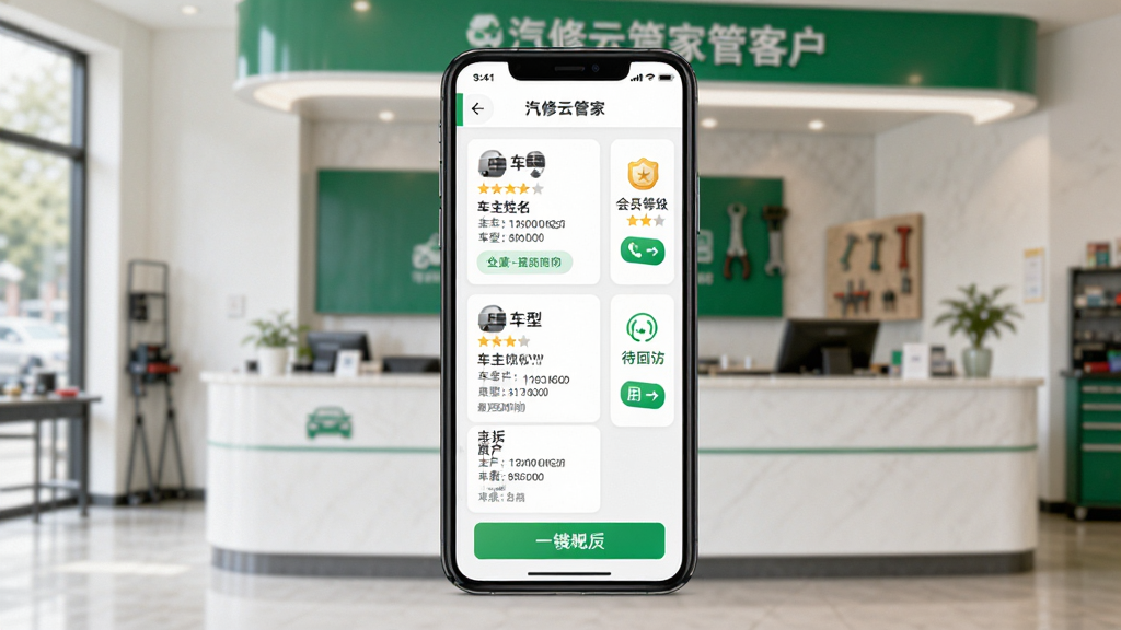 画面主体为汽修云管家客户管理页面,背景为门店前台接待区。布局采用手机竖屏展示客户列表,卡片式展示车主姓名、车型、最近到店时间。风格为清新简约,主色为白色与绿色。细节包括会员等级图标、待回访标记、一键拨号按钮。画质干净,无多余元素。