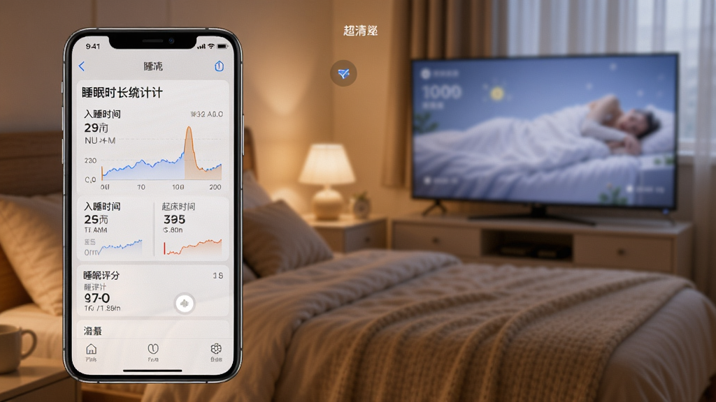 一张展示手机投屏电视超清睡眠记录功能的界面截图,手机屏幕显示睡眠时长统计图表,包含入睡时间、起床时间、睡眠评分等数据,背景为温馨的卧室环境,色调柔和,突出健康管理主题,画质干净。