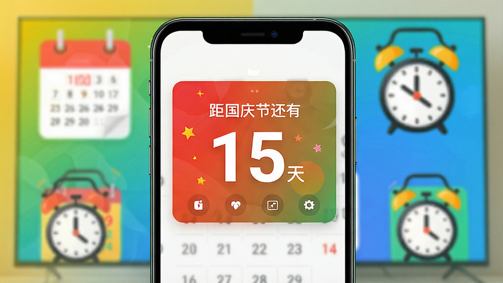 一张展示手机投屏电视超清倒计时功能的界面,手机屏幕显示距离国庆节还有15天的醒目卡片,背景为日历与闹钟图标装饰,色彩明快,突出提醒功能,整体设计简洁清晰,画质干净。