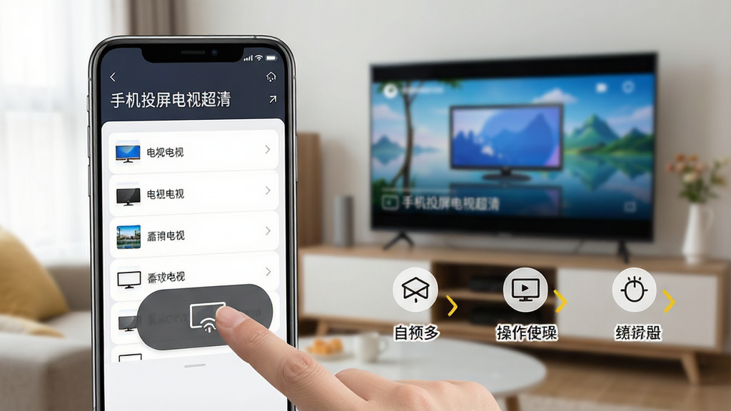 一张展示用户手指点击手机屏幕上的投屏按钮,手机界面显示“手机投屏电视超清”软件界面,列出可连接的电视设备列表,背景为客厅电视正在播放画面,操作步骤用简洁图标展示,风格直观易懂,画质干净。