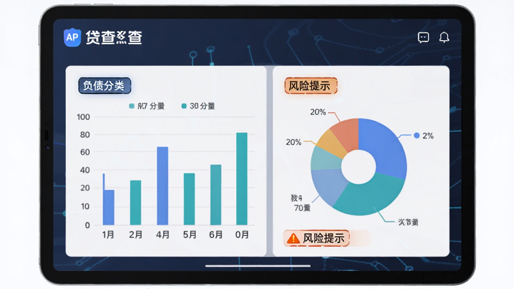 贷查查APP的征信分析界面截图,主体是平板电脑展示一份模拟征信报告的AI分析结果,布局以数据可视化图表为主,包含柱状图与饼图,风格专业科技感,细节有