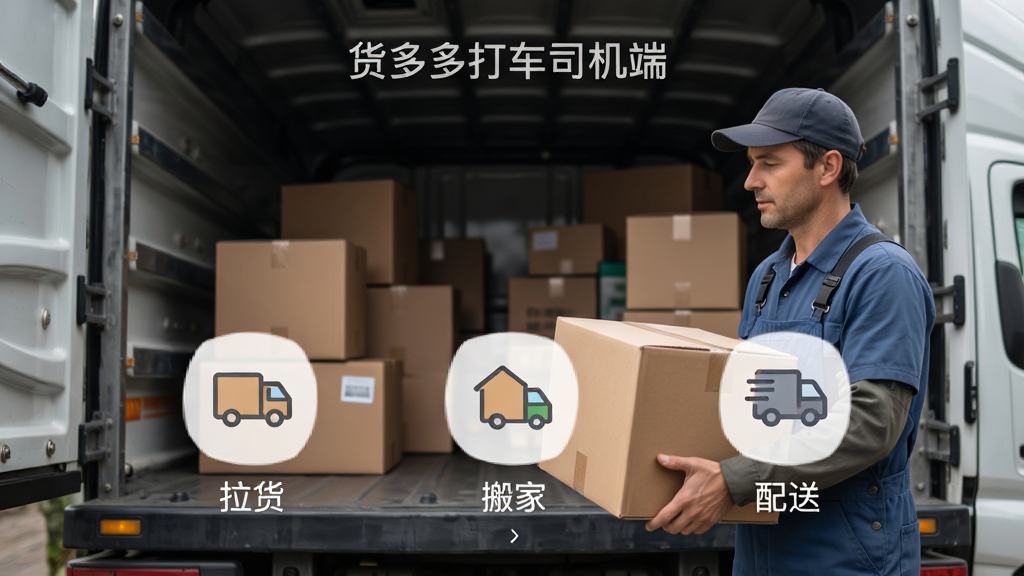 货多多打车司机端订单类型选择界面,包含“拉货”“搬家”“配送”图标,背景为装载货物的货车车厢,师傅正在搬运纸箱,界面显示“货多多打车司机端”名称,风格写实,画质细腻,无多余元素