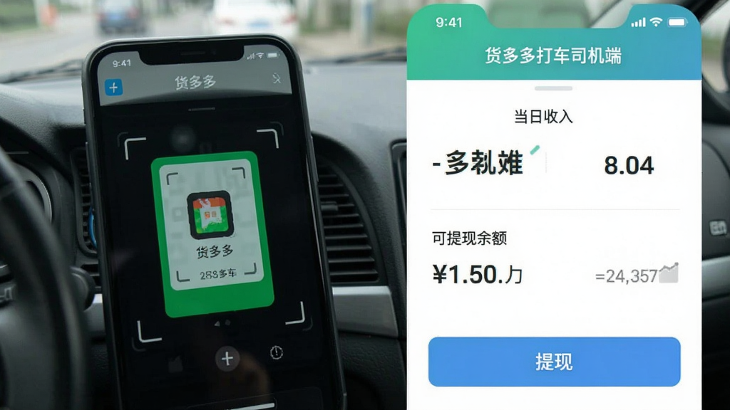 货多多打车司机端钱包页面显示当日收入、可提现余额,下方有提现按钮,背景为司机手机扫码支付场景,界面包含“货多多打车司机端”字样,色调清新,数字清晰,画质干净,无多余元素
