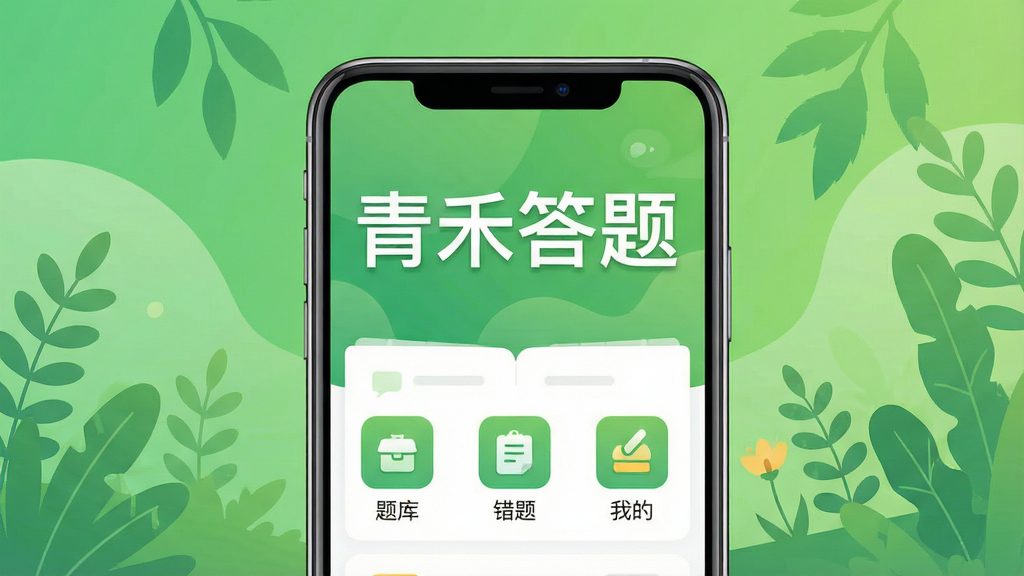 一张青禾答题应用界面的高清宣传图,主体为智能手机屏幕展示主界面,上方显示“青禾答题”四个大字,下方整齐排列练习、题库、错题、进度、我的五个功能图标,背景为清新的绿色渐变与植物剪影,布局居中,排版简洁明快,扁平化插画风格,细节精致,画质高清干净,无多余元素