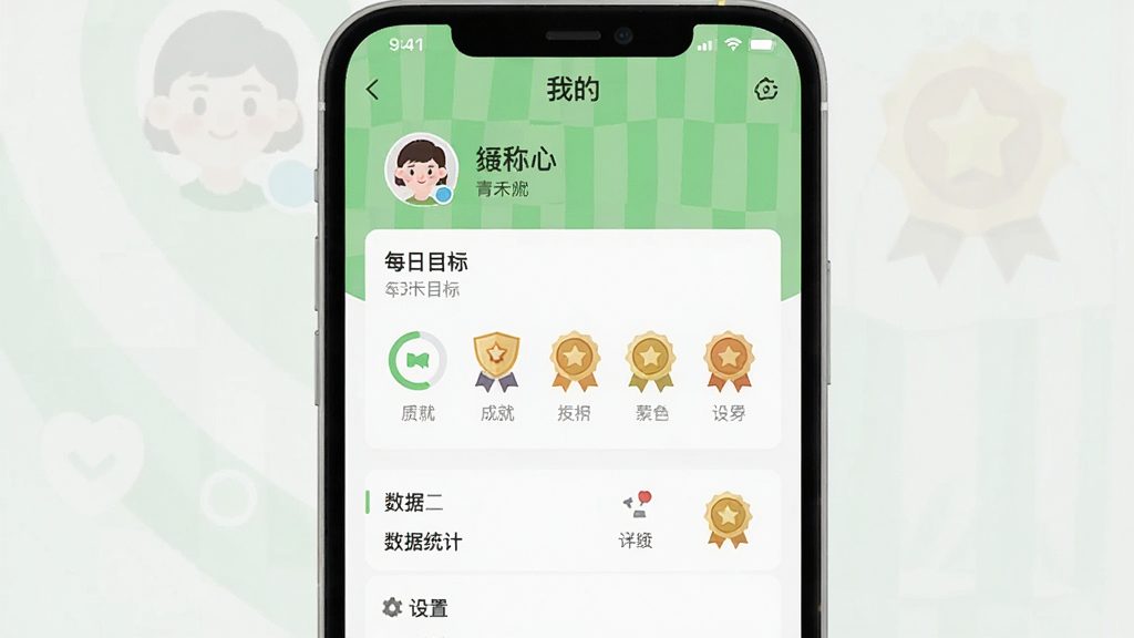 青禾答题“我的”页面截图风格展示图,主体为个人中心界面,顶部显示用户头像和昵称,下方有每日目标、成就墙、数据统计、设置等菜单项,背景为浅绿色与白色相间,布局整洁,排版规整,扁平化设计风格,细节包含目标进度环和成就徽章,画质干净无多余元素
