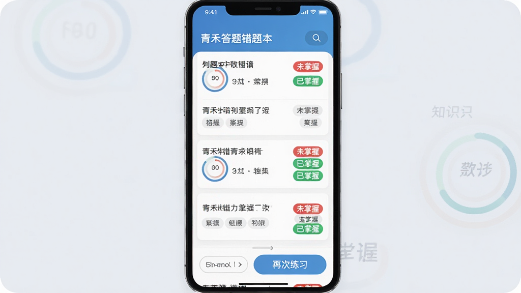 青禾答题错题本功能展示图,主体为手机屏幕上错题列表界面,每道题旁边有红色“未掌握”和绿色“已掌握”标签,底部有筛选按钮和“再次练习”按钮,背景为柔和浅灰色,布局简洁,排版清晰,扁平化设计风格,细节包含进度环和知识点标签,画质干净无多余元素