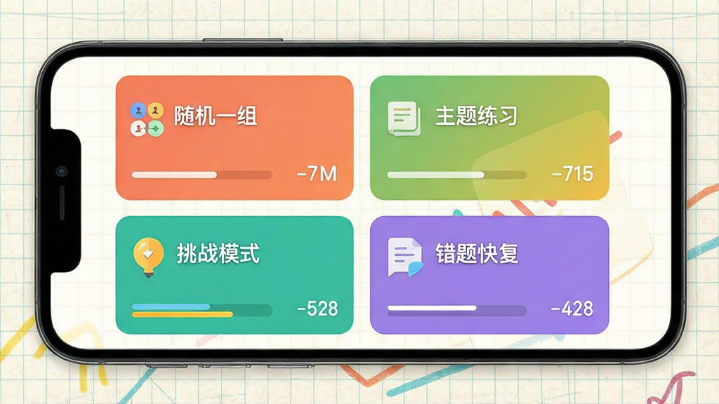 青禾答题应用的练习模式界面截图风格展示图,主体为手机屏幕内展示四种不同模式的彩色卡片,包括“随机一组”、“主题练习”、“挑战模式”、“错题快复”,背景为浅色网格纸纹理,布局清晰,排版有序,扁平化UI设计风格,细节包含进度条和数字统计,画质干净明亮,无多余元素