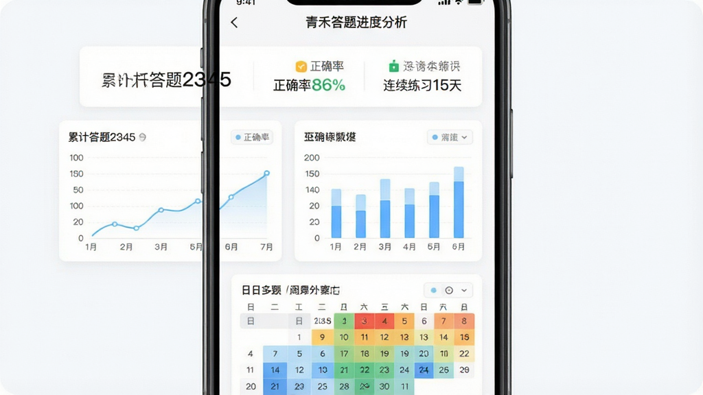 青禾答题进度分析模块展示图,主体为手机屏幕上的数据看板,包含折线图、柱状图和日历热力图,上方显示“累计答题2345”、“正确率86%”、“连续练习15天”,背景为白色卡片搭配淡蓝色图表,布局清晰,排版专业,数据可视化风格,细节丰富,画质高清干净,无多余元素