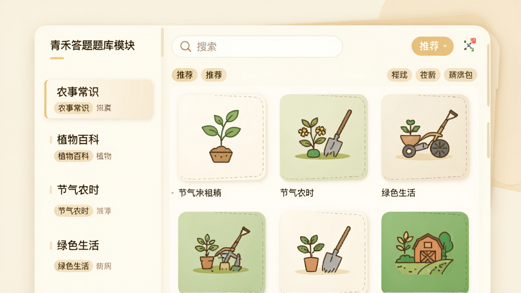 青禾答题题库模块的展示图,主体为打开的题库列表页面,左侧分类栏显示农事常识、植物百科、节气农时、绿色生活,右侧显示对应的题包封面,封面有简笔植物和农具图标,界面以暖白色为主色调,布局规整,排版舒适,拟物化与扁平化结合风格,细节包含搜索框和推荐标签,画质干净,无多余元素