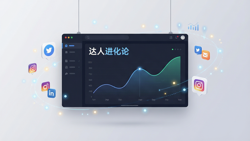 一张展示达人进化论软件核心界面的高清预览图,画面中央是一块悬浮的智能仪表盘,上面显示着“达人进化论”的品牌字样与曲线增长图表,背景为浅灰色渐变,配有社交媒体图标与数据光点环绕,整体风格简约科技风,布局均衡,细节丰富,画质干净无多余元素。