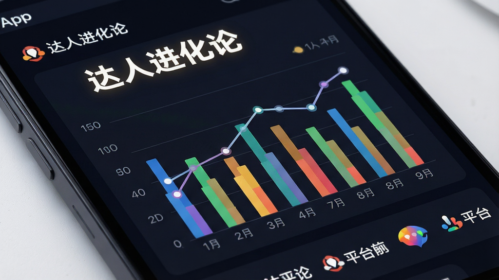 一张数据统计界面特写,展示达人进化论App内的彩色柱状图与折线图,屏幕背景为深色模式,数据高亮显示“达人进化论”字样,底部有平台logo排布,整体为专业商业分析风格,布局严谨,细节锐利,画质高清。